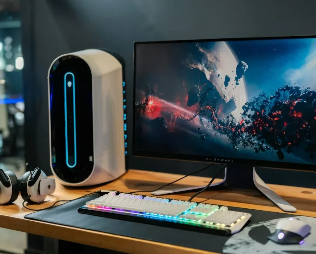 Desktop computer set up in a home office