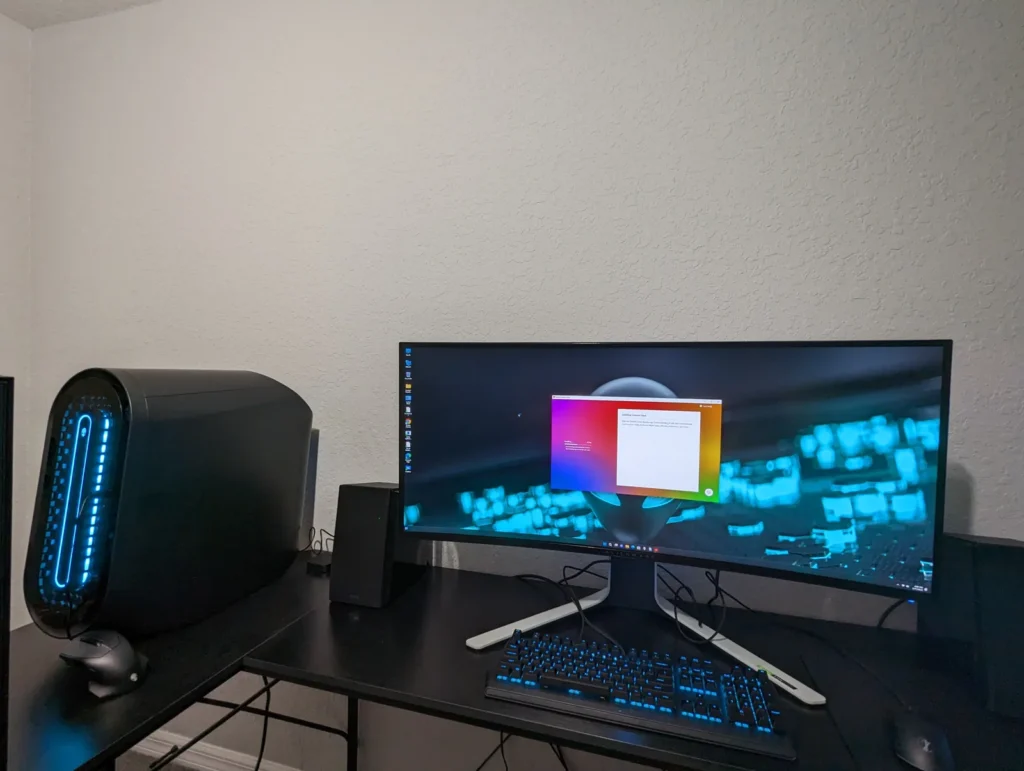 Ultrawide monitor and desktop set up in a home office